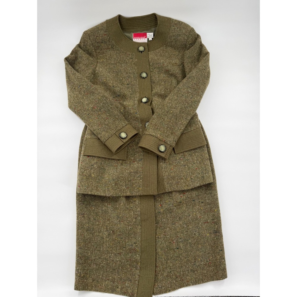 Oscar de la Renta Studio Wool Tweed Skirt Suit Olive Green Vintage Size 12